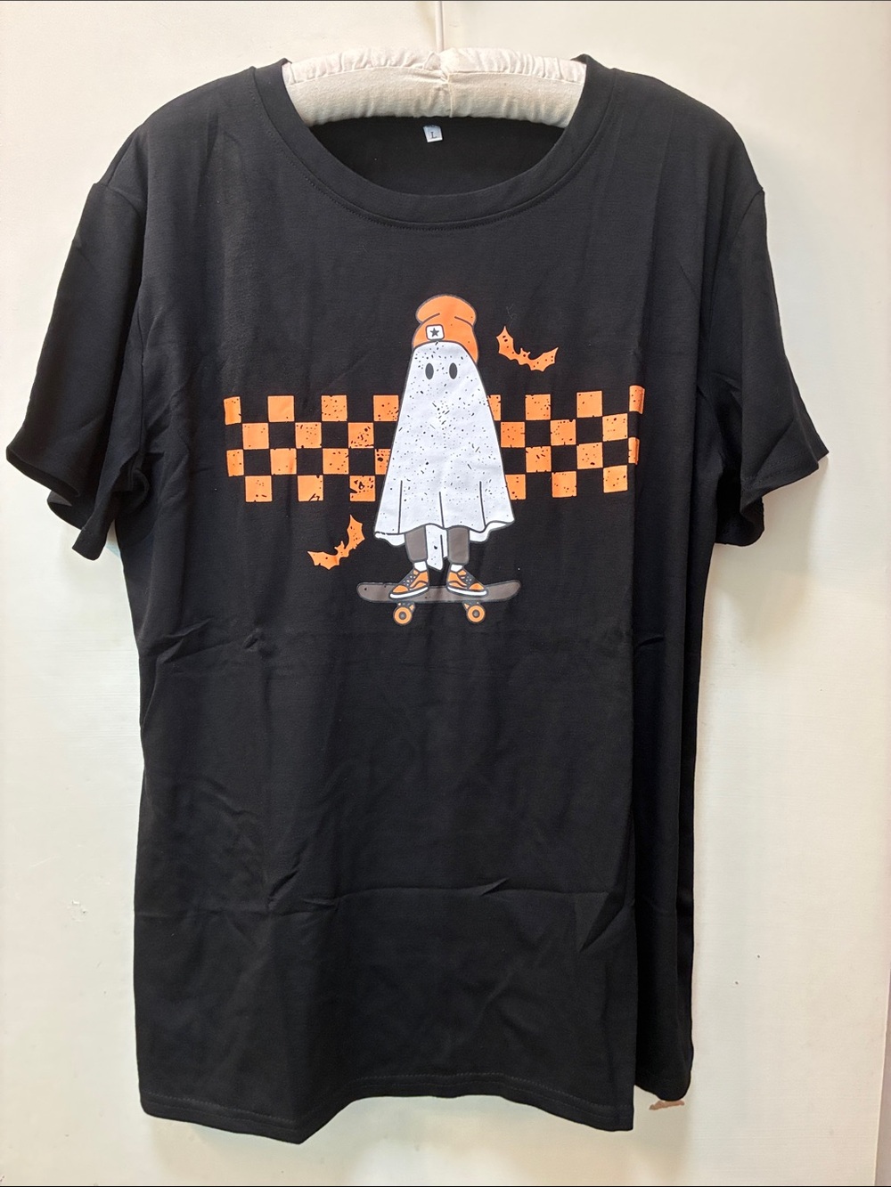 Black Graphic Ghost Skate T-Shirt - Orange Accents